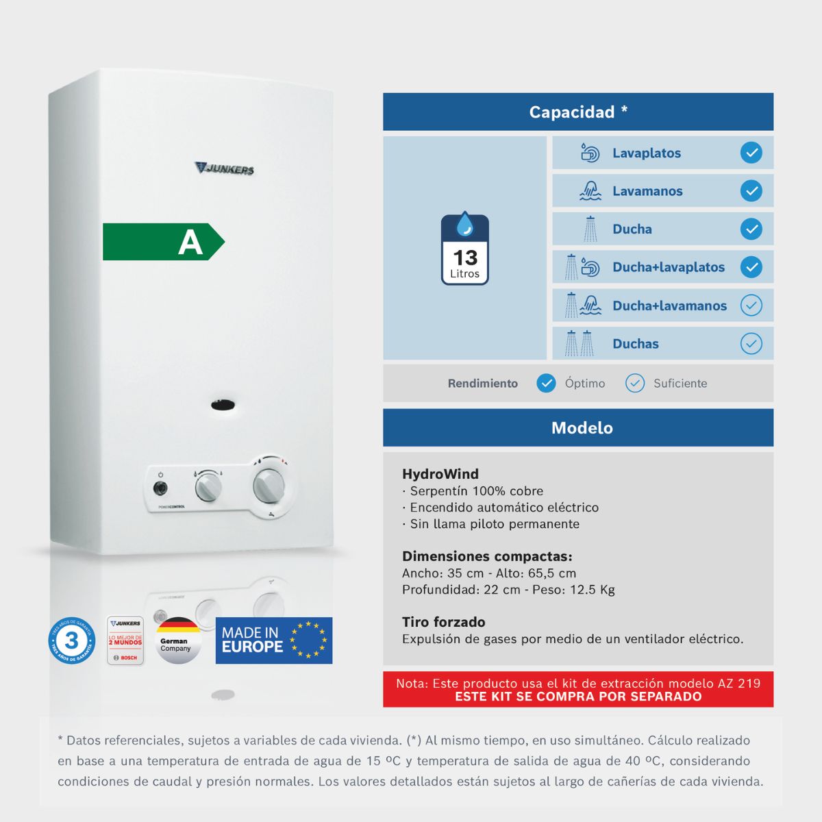 Calefont Tiro Forzado Cámara Abierta 13L HidroWind Junkers
