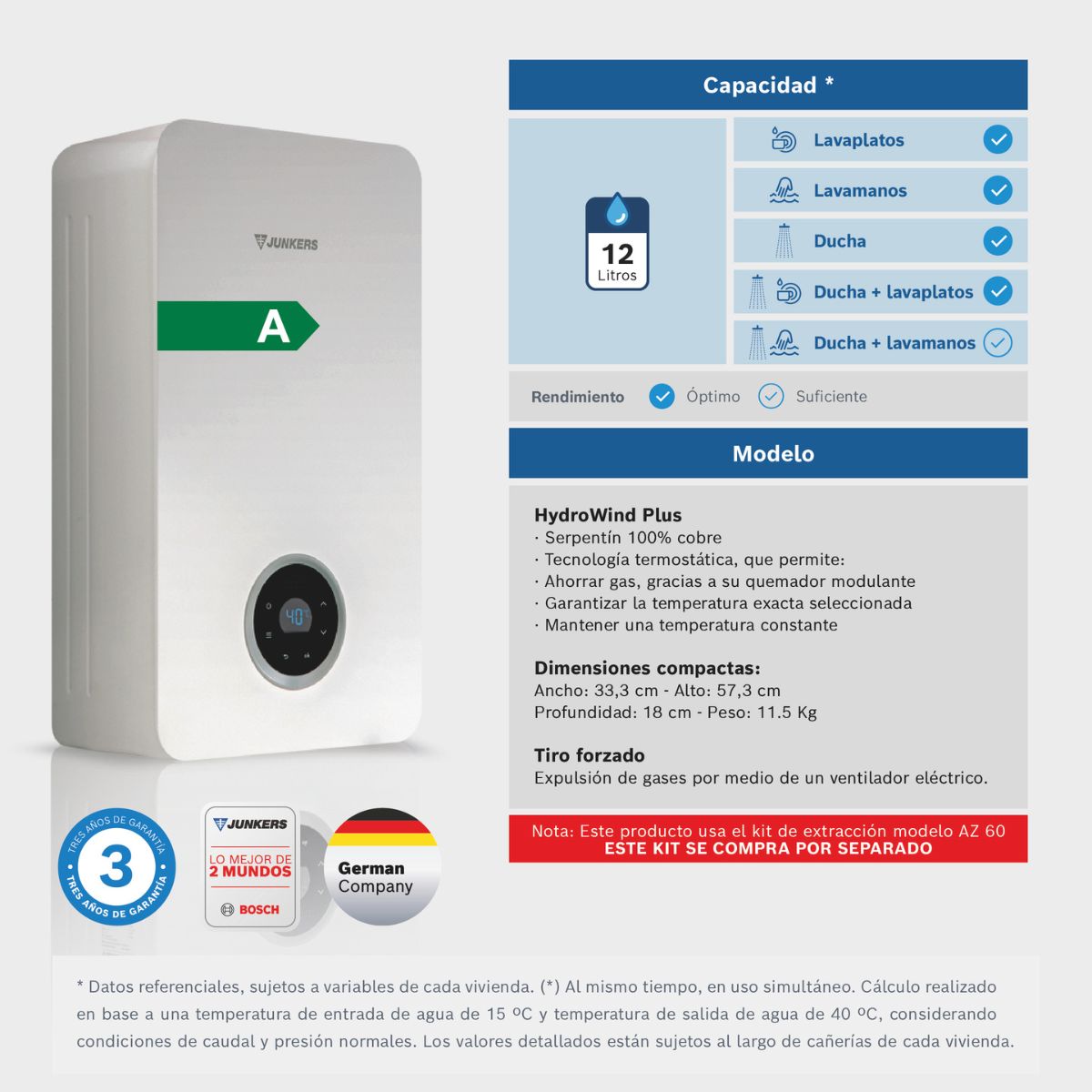 Calefon Tiro Forzado Cámara Abierta de 10 a 21L HydroWind Plus Junkers