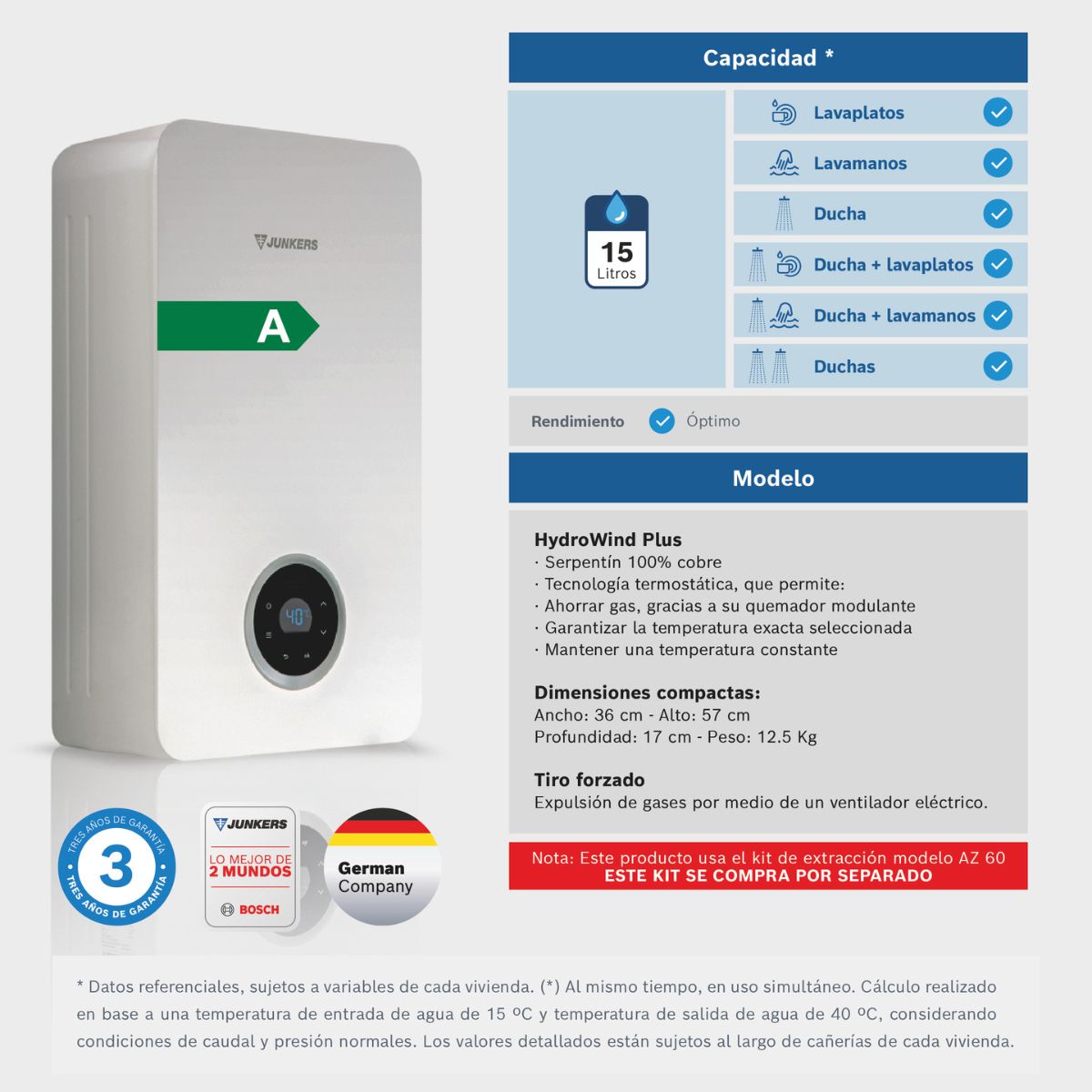 Calefon Tiro Forzado Cámara Abierta de 10 a 21L HydroWind Plus Junkers