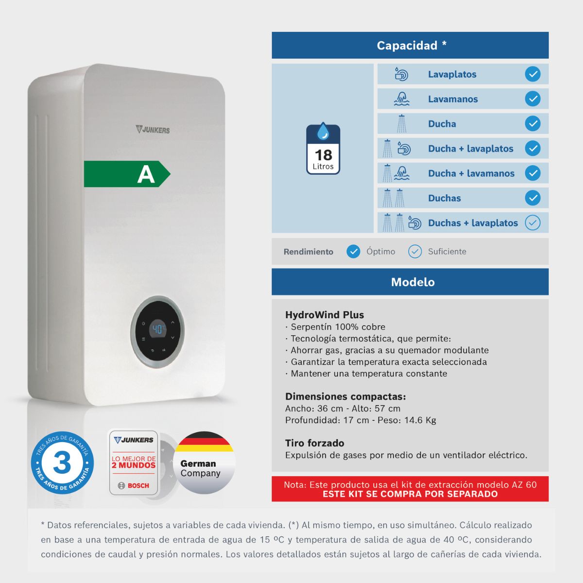 Calefon Tiro Forzado Cámara Abierta de 10 a 21L HydroWind Plus Junkers