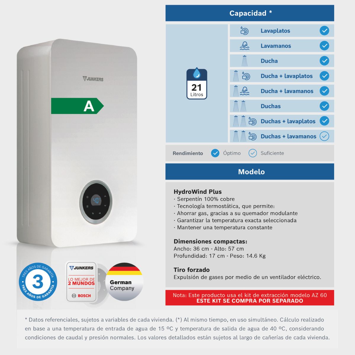 Calefon Tiro Forzado Cámara Abierta de 10 a 21L HydroWind Plus Junkers