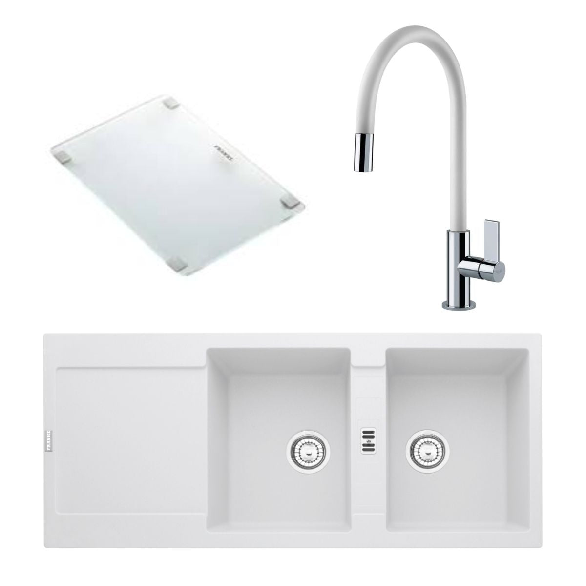 Kit Maris 2 Blanco Franke Lavaplatos + Grifería + Tabla