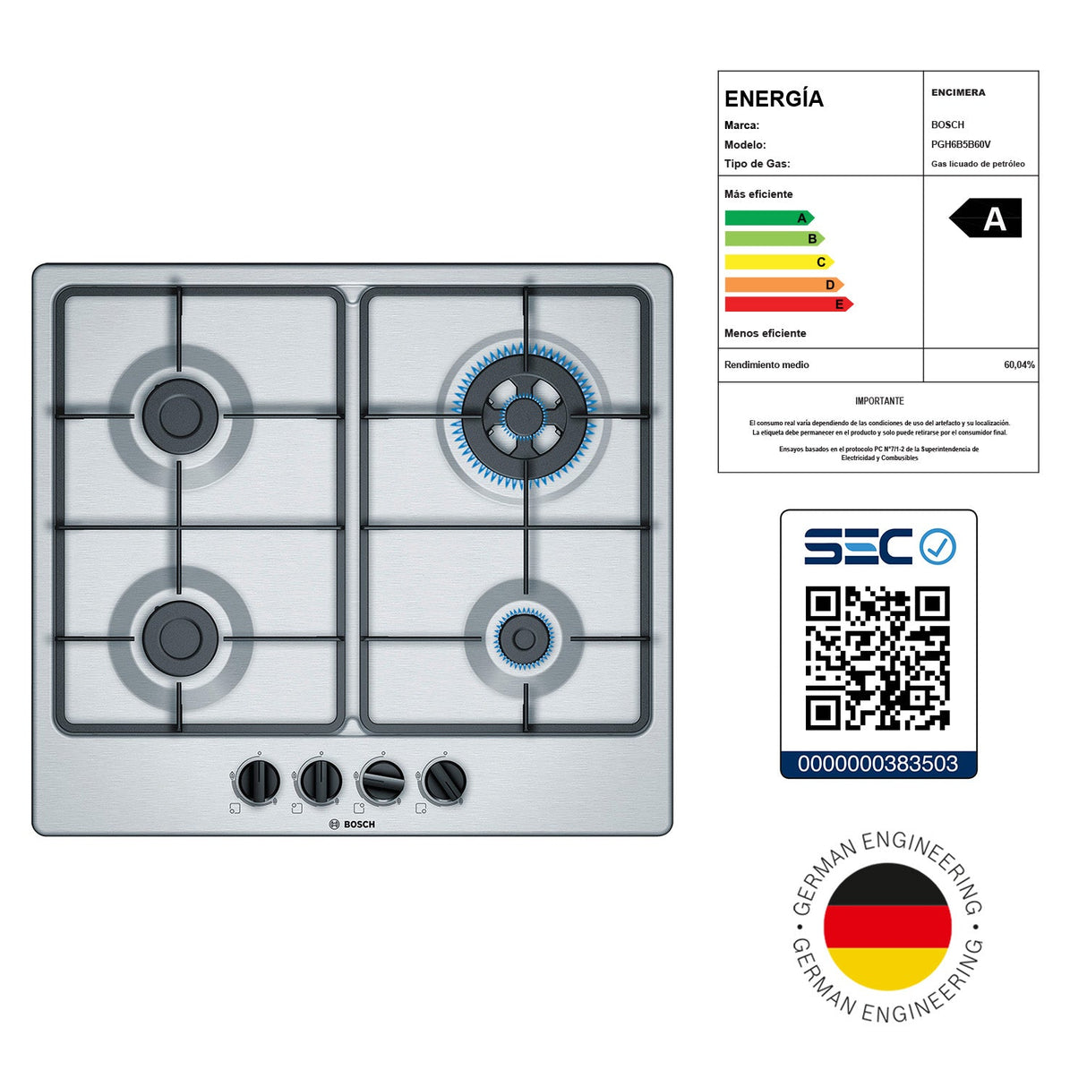 Encimera a gas Serie 4 PGH6B5B60V inox Bosch