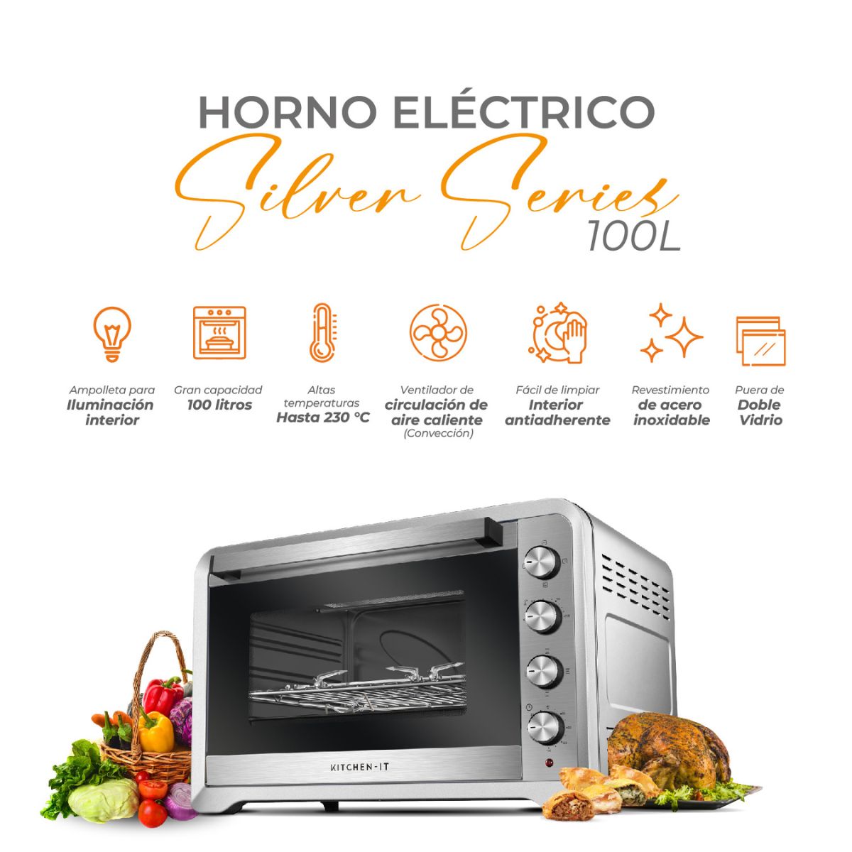 Horno Eléctrico Silver Series 100L Kitchen It