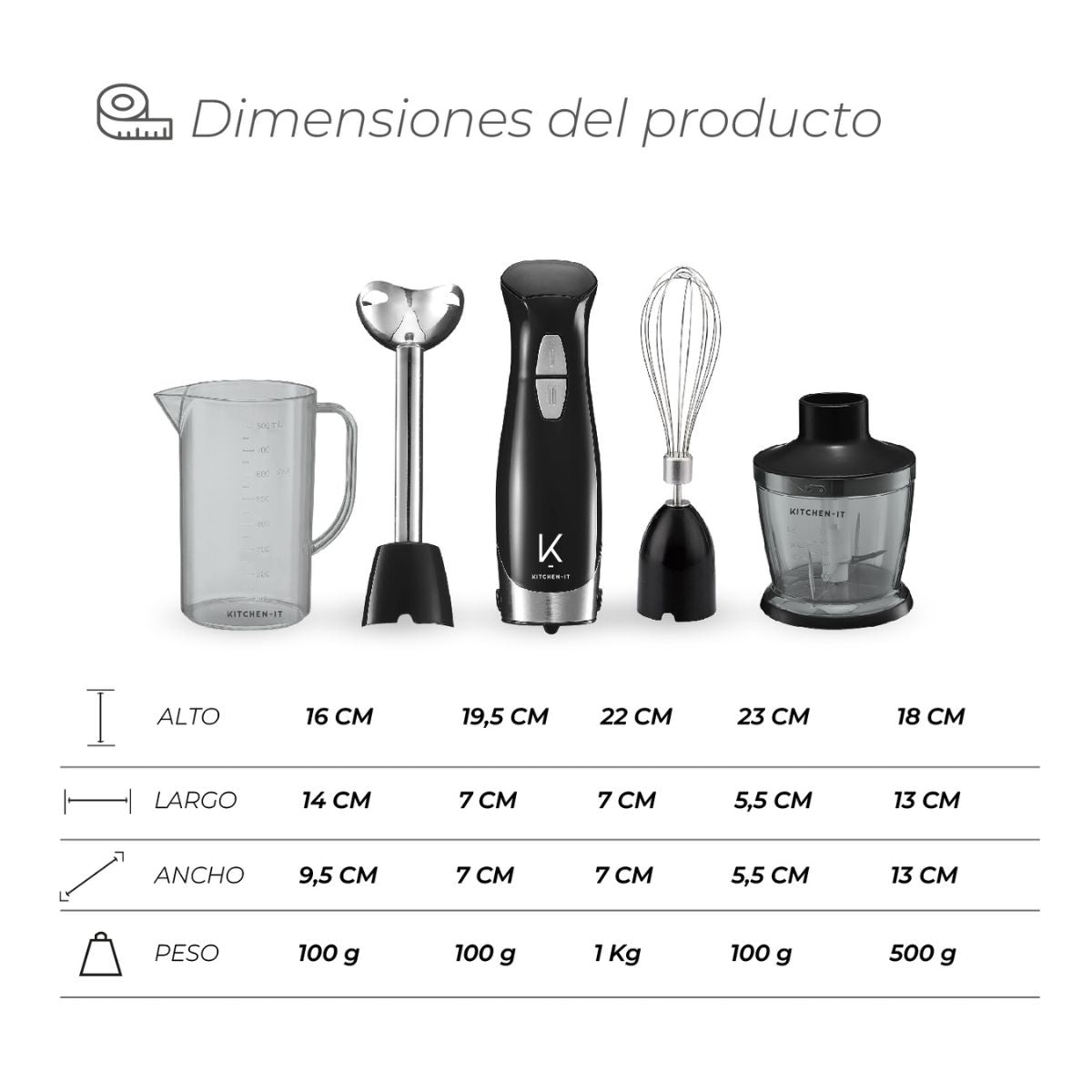 Minipimer Lite 600W 4 en 1 Acero Inoxidable Kitchen It