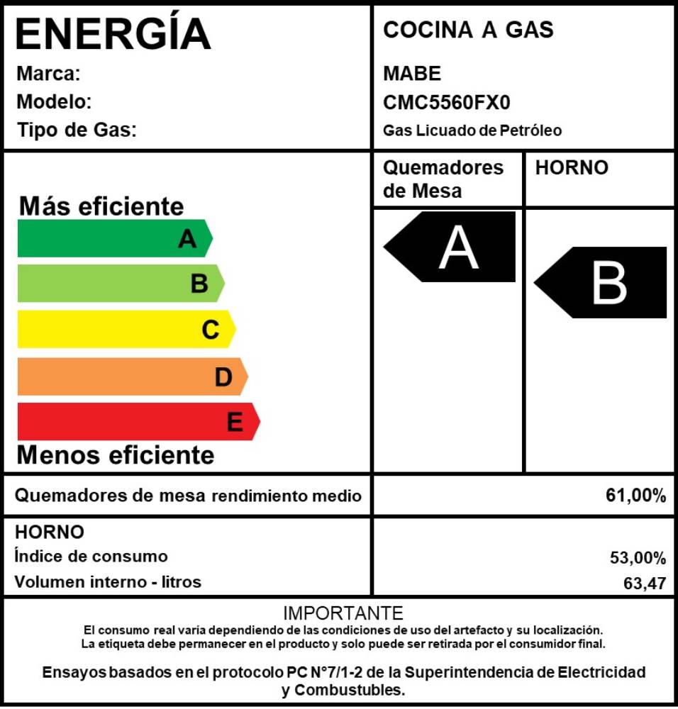 Cocina a Gas 4 Quemadores 55 cm CMC5560FX0 Mabe