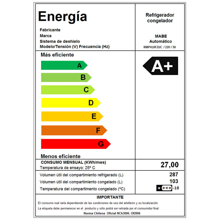 Refrigerador Combinado RMP410FZUC  390 Lts - Mabe